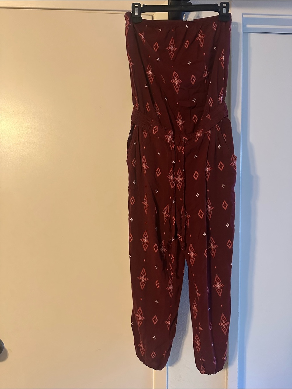 Mudd Burgundy Strapless Printed Jumpsuit